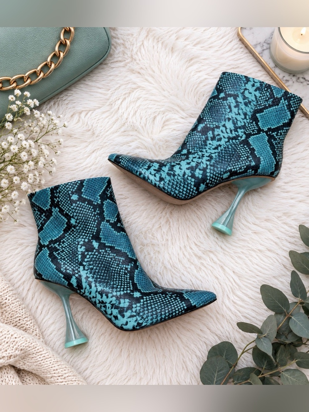 Fawlie Snake Print Leather Clear Flared Heel Booties